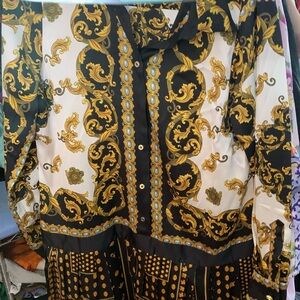 Baroque Print Long Sleeve Blouse in Black, Gold and White
